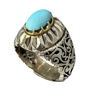 انگشتر نقره مردانه مدل شبکه زنی و آینه کاری مزین به فیروزه نیشابوری 99 1313