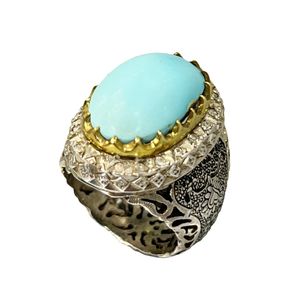 انگشتر نقره مردانه مدل قلمزنی دست با فیروزه نیشابوری عجمی 24 21