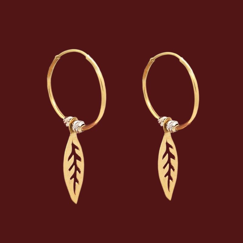 گوشواره حلقه‌ای طلا کم اجرت  18 عیار زنانه طلا و شمش برلیان مدل برگ