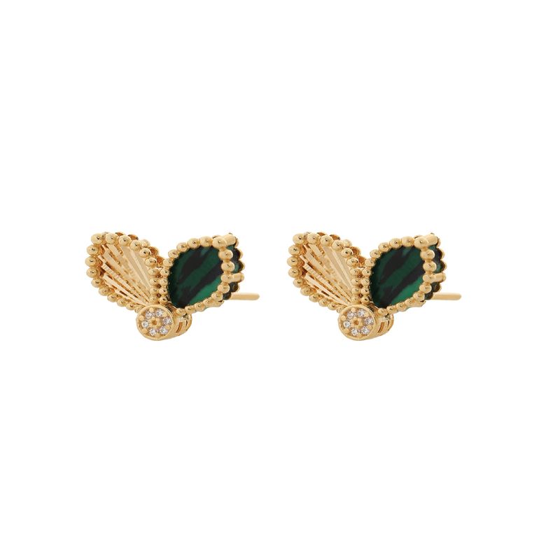 گوشواره طلا 18 عیار زنانه هور گالری مدل میخی گل پر و سنگ مالاکیت ace998